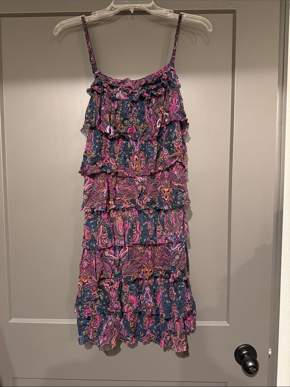 Express Pink & Navy Paisley Tiered Mini Dress